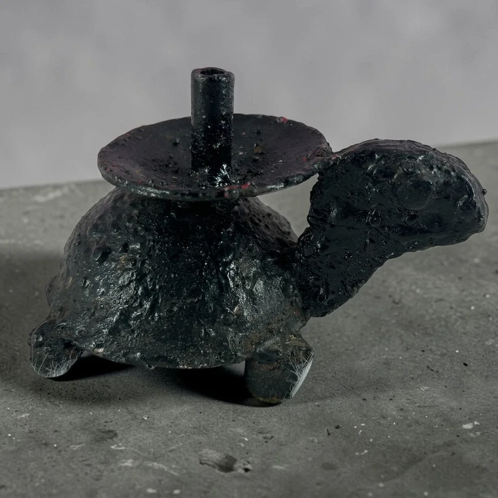 Vintage‎ Turtle Candle Holder Cast Metal Folk Art Whimsical Cottagecore Decor